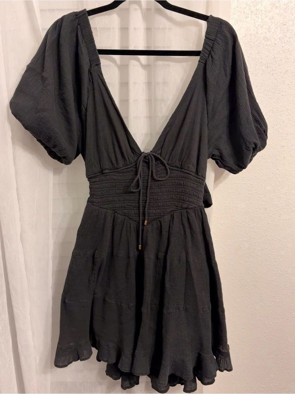 Free People Black Puff Sleeve Smocked Mini Dress